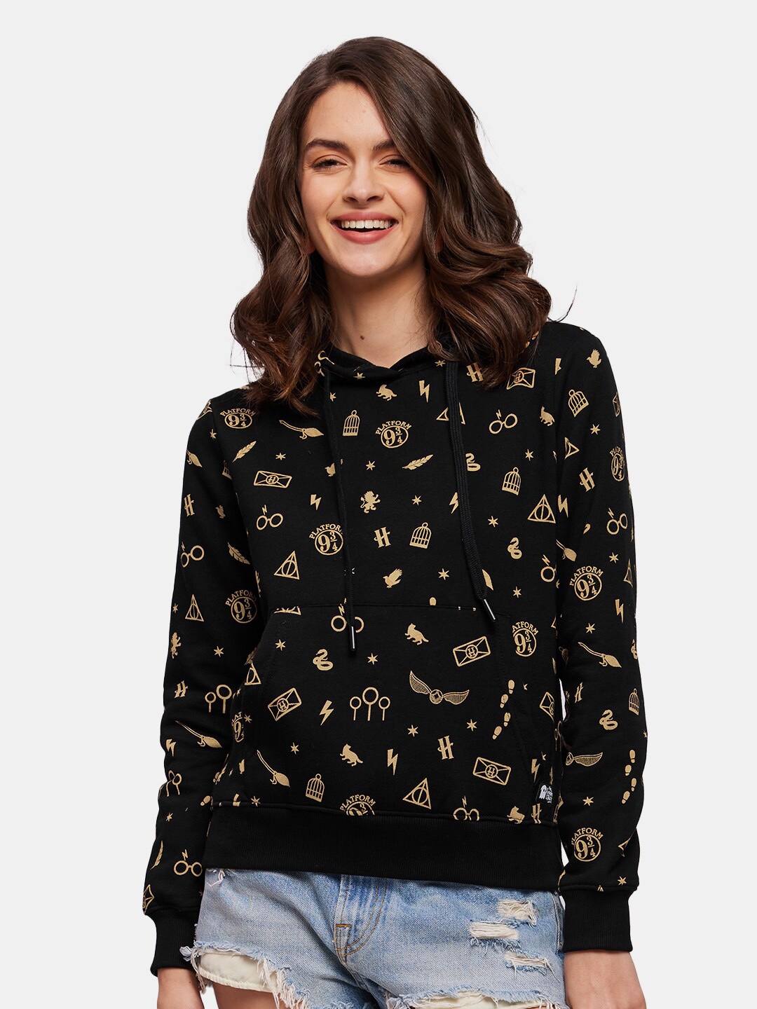

The Souled Store Women Black Cotton Printed Hooded Sweatshirt