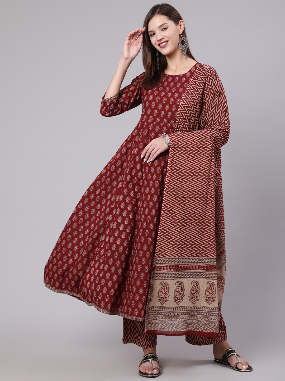 

GULMOHAR JAIPUR Women Maroon Ethnic Motifs Printed Pure Cotton Kurta Set