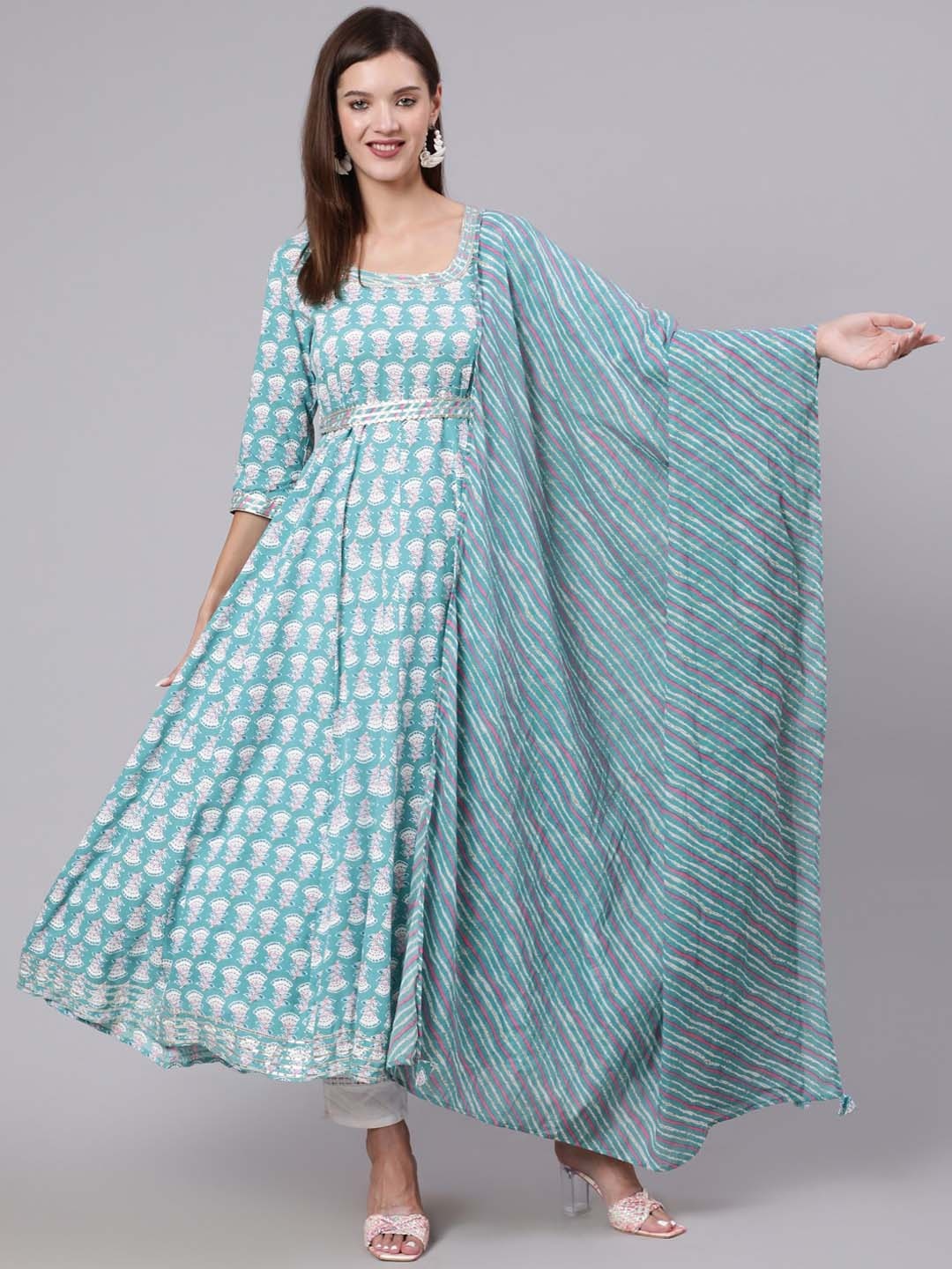 

GULMOHAR JAIPUR Women Ethnic Motifs Printed Gotta Patti Anarkali Kurta, Turquoise blue