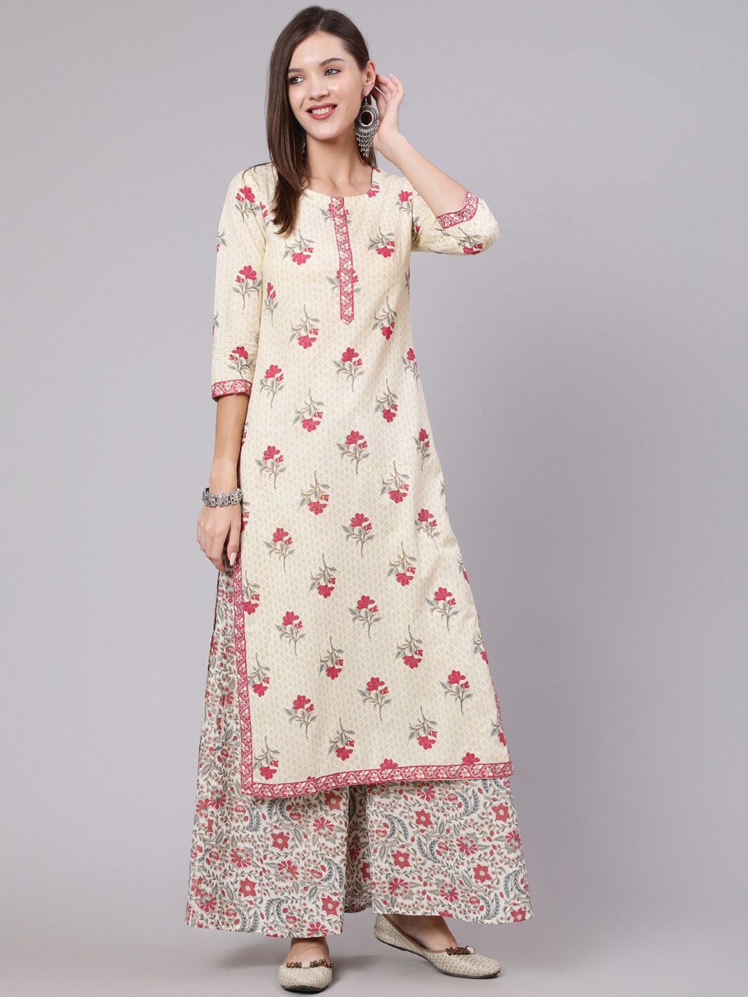 

GULMOHAR JAIPUR Women Off White Floral Printed Kurta with Palazzos