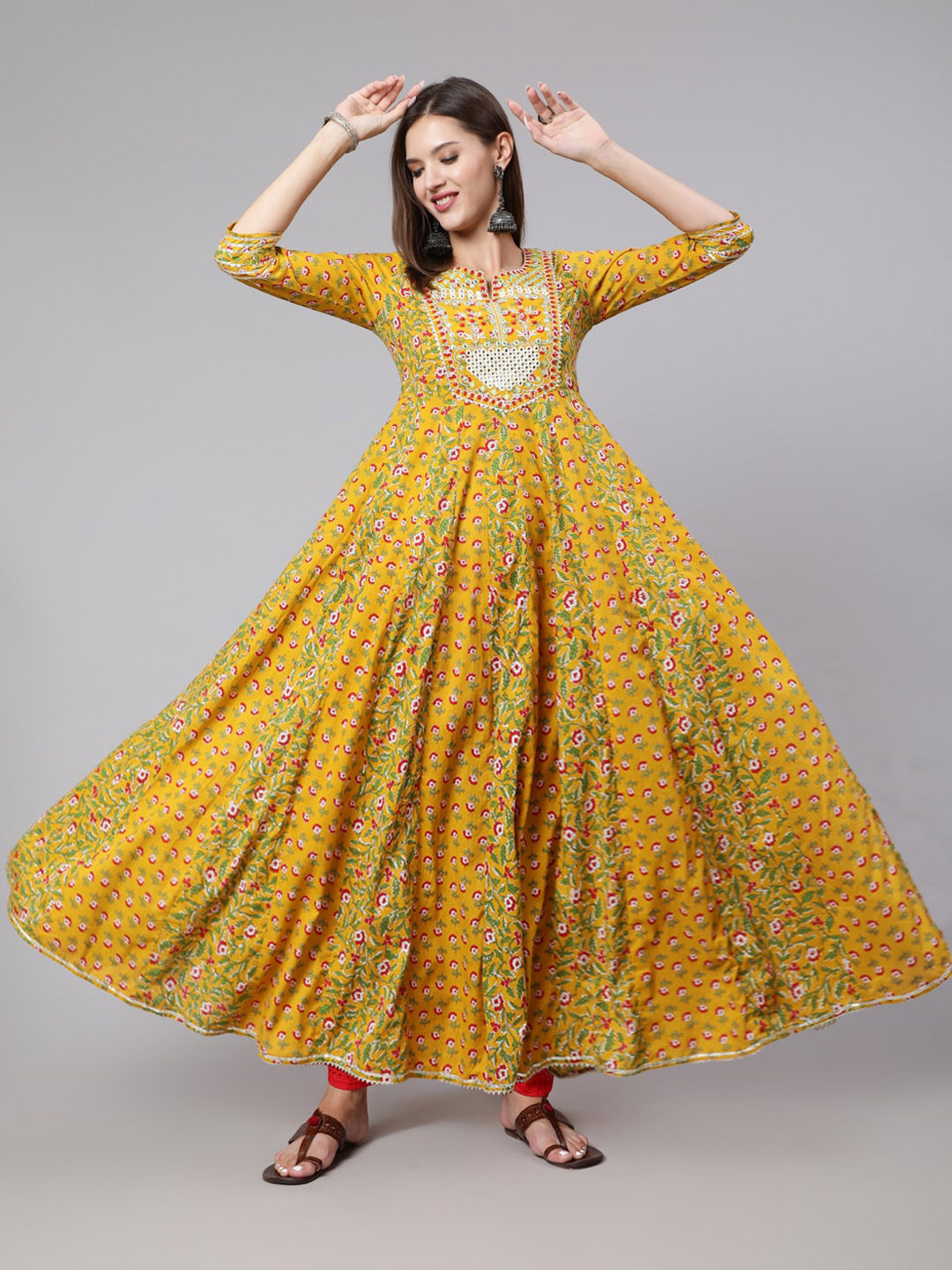 

GULMOHAR JAIPUR Floral Printed Mirror Work Cotton Anarkali Kurta, Mustard