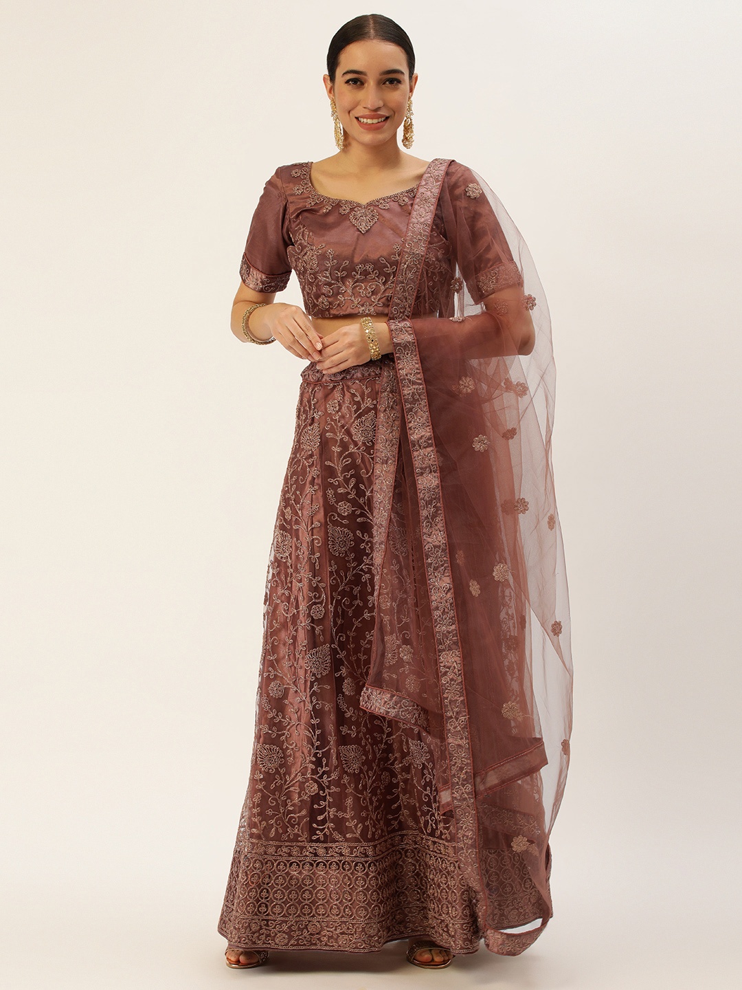 

Pothys Embroidered Thread Work Unstitched Lehenga & Blouse With Dupatta, Brown