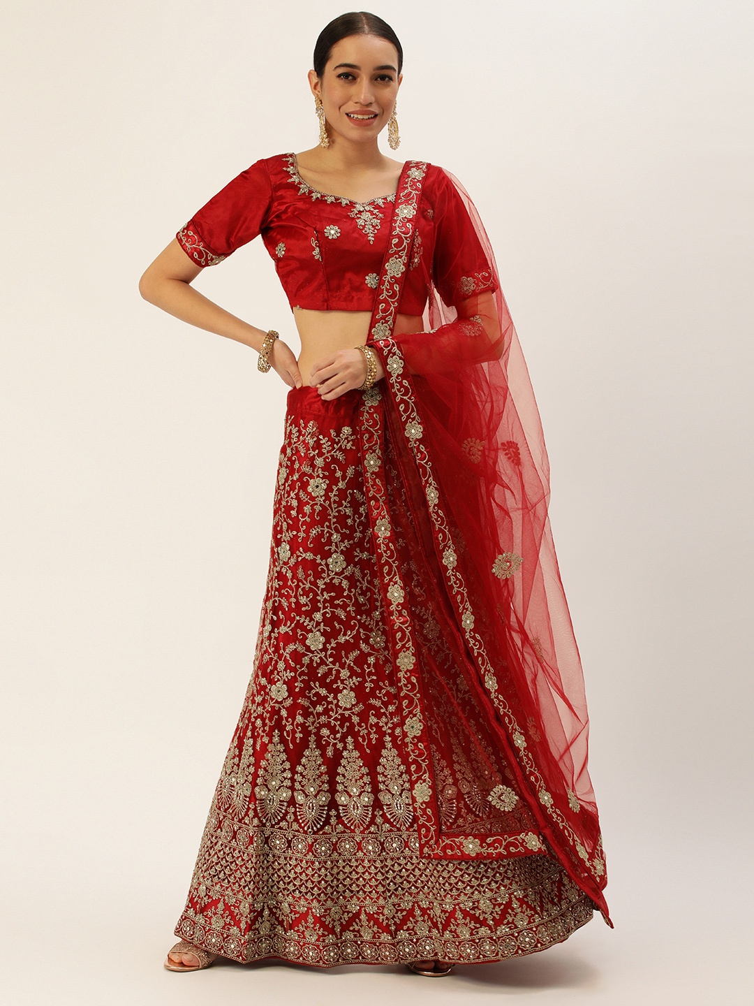 

Pothys Embroidered Thread Work Unstitched Lehenga & Blouse With Dupatta, Maroon