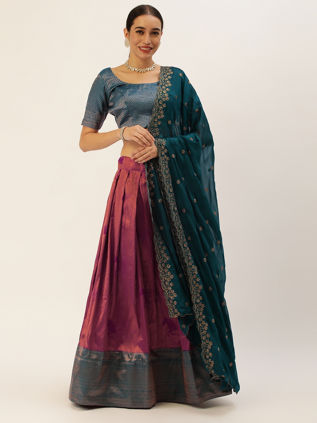 

Pothys Woven Design Unstitched Lehenga & Blouse With Dupatta, Magenta