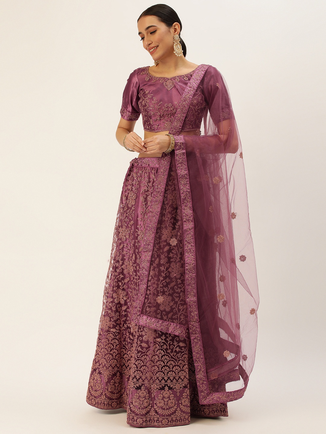 

Pothys Embroidered Thread Work Unstitched Lehenga & Blouse With Dupatta, Mauve