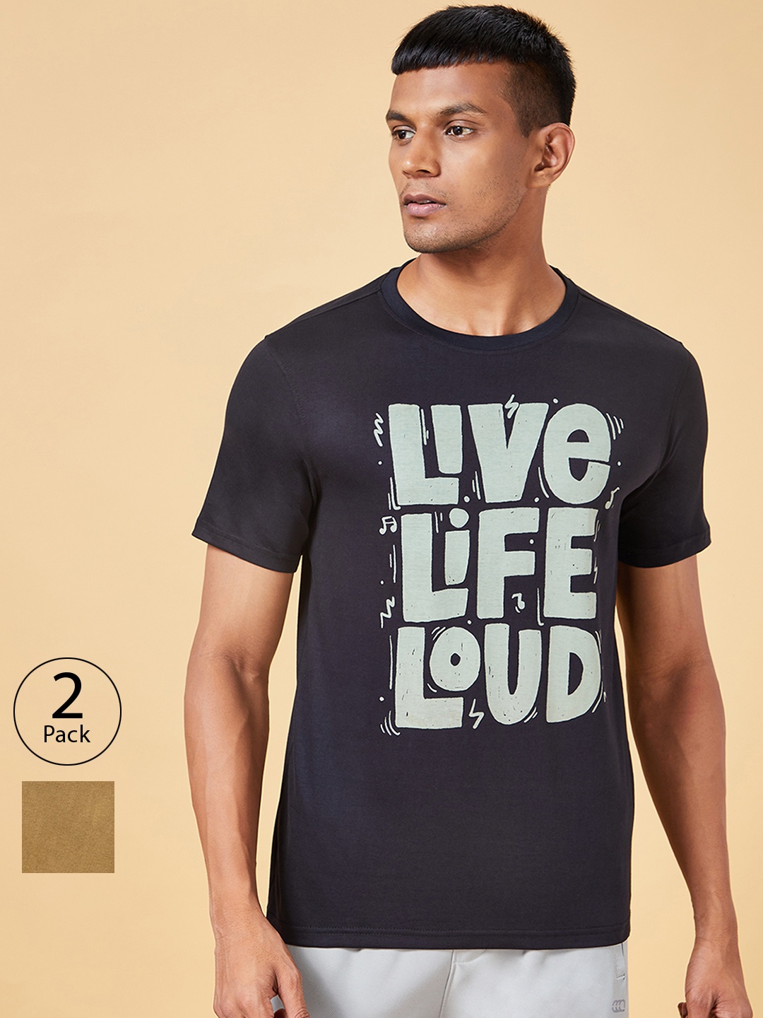 

Ajile by Pantaloons Men Pack Of 2 Typography Printed Slim Fit T-shirts, Olive