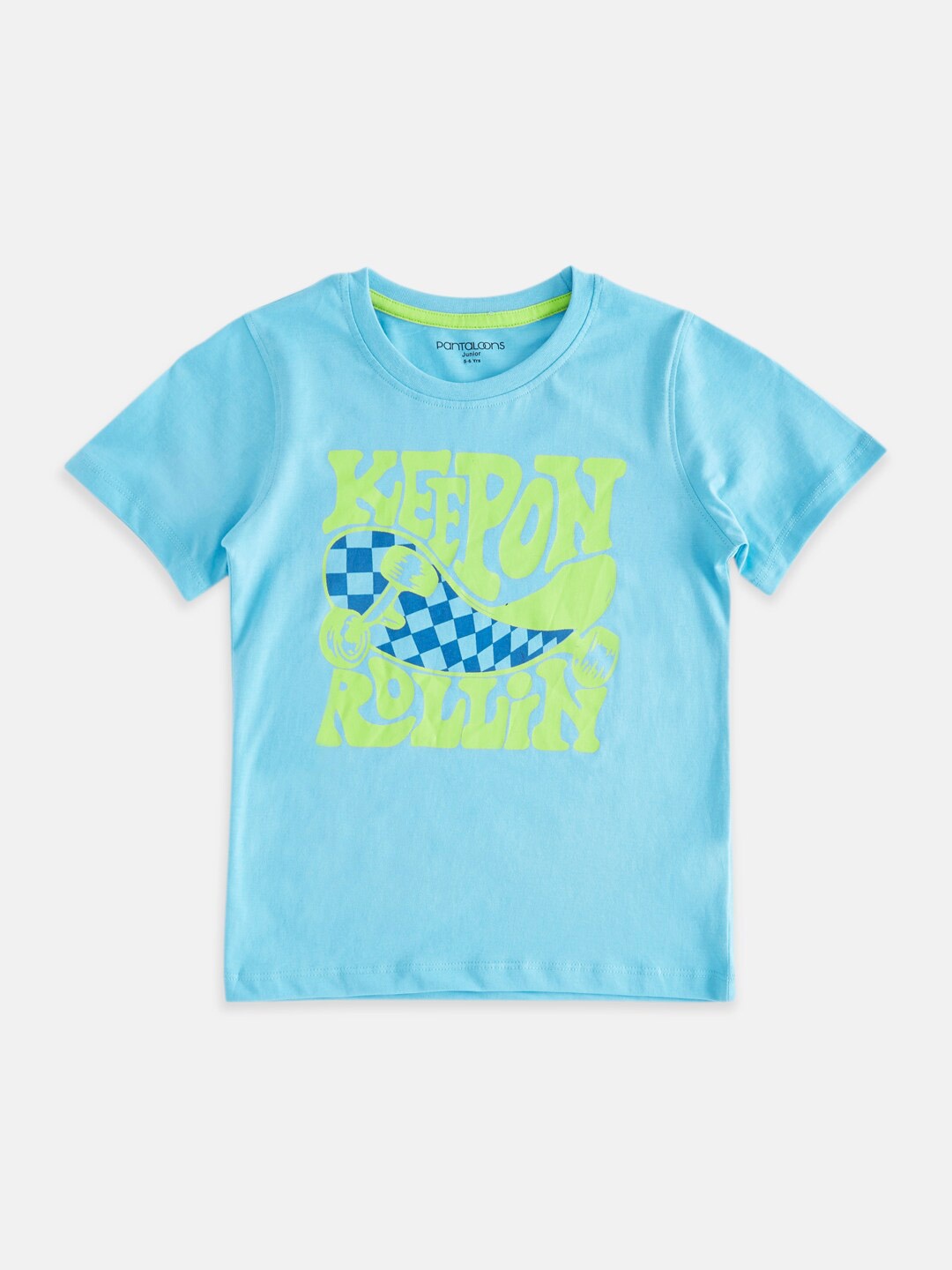 

Pantaloons Junior Boys Typography Printed Cotton T-shirt, Turquoise blue