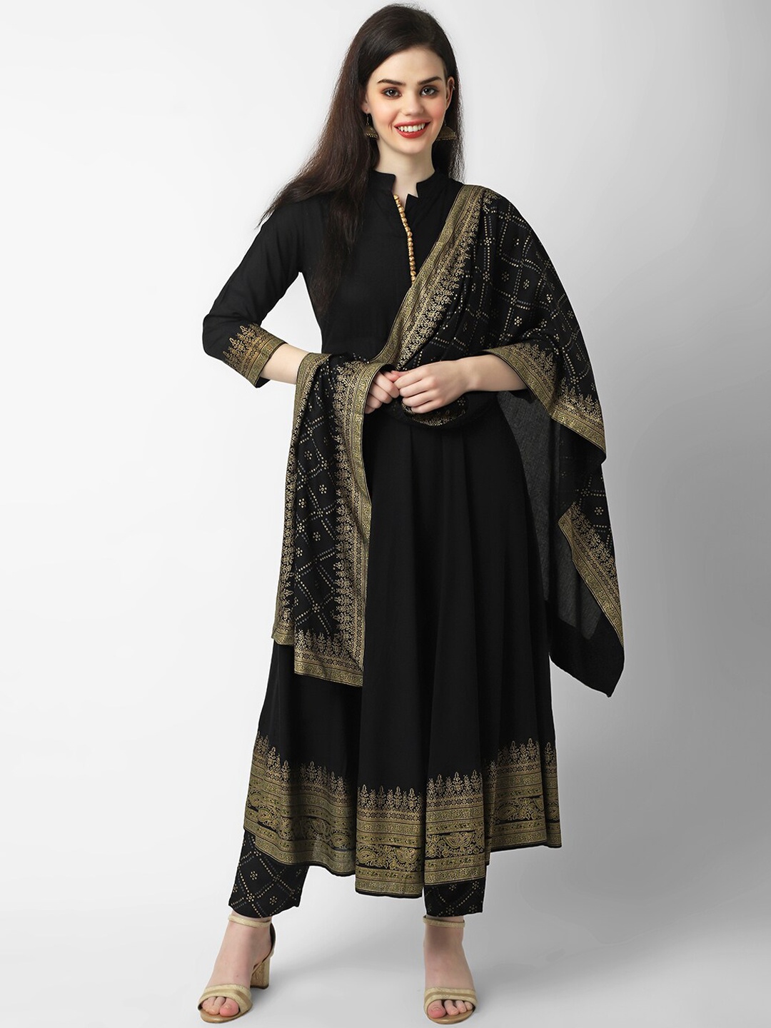 

Sanganeri Kurti Women Pleated Kurta with Trousers & Dupatta, Black