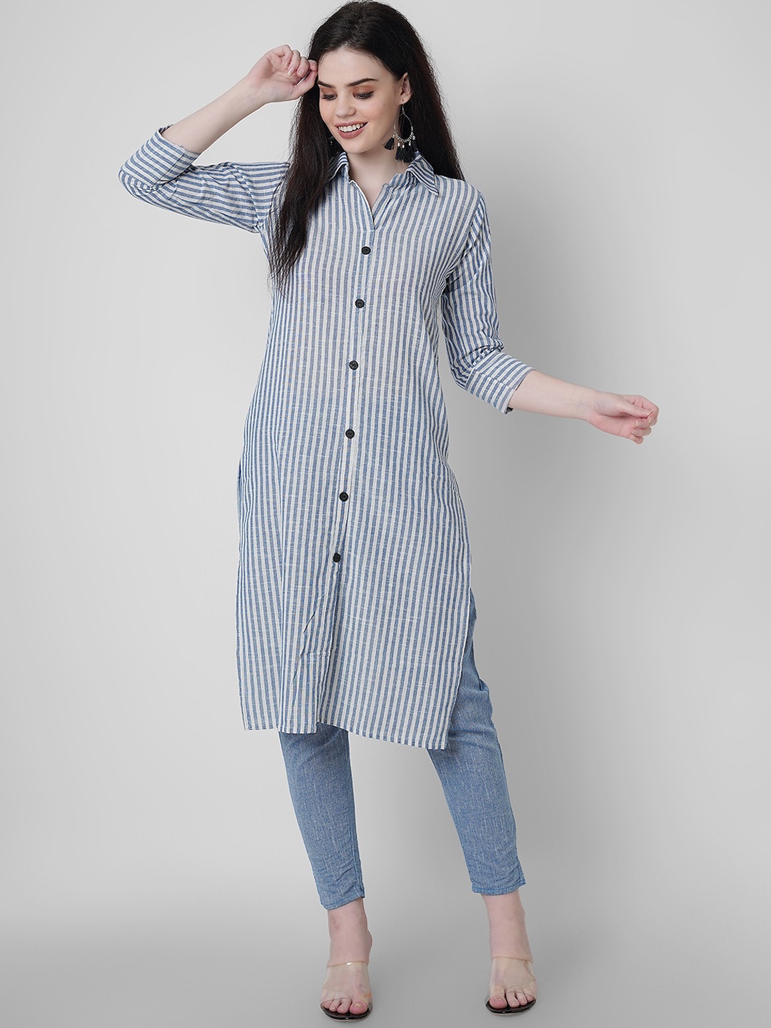 

Sanganeri Kurti Women Striped Pure Cotton Kurta with Trousers, Blue
