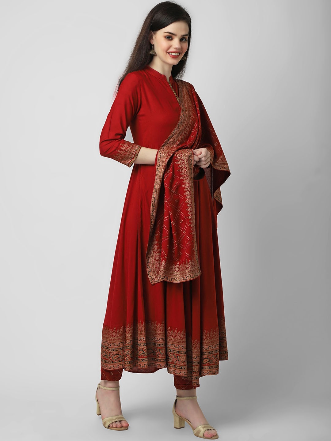 

Sanganeri Kurti Women Pleated Kurta with Trousers & Dupatta, Red