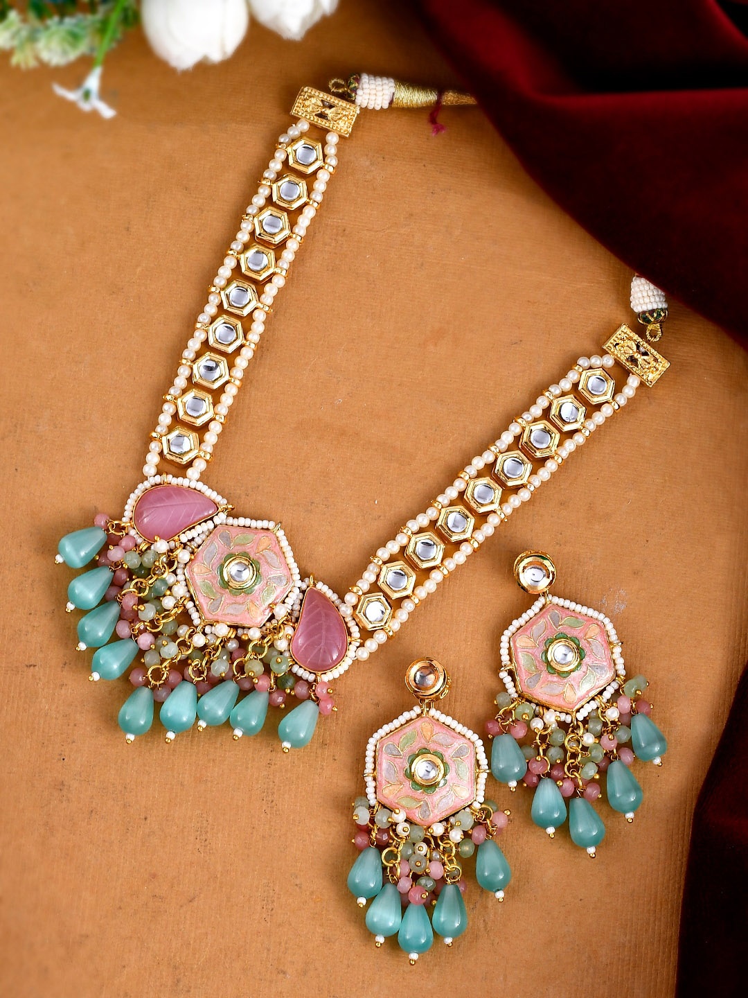 

DASTOOR Gold-Plated Kundan Studded & Beaded Jewellery Set, Turquoise blue