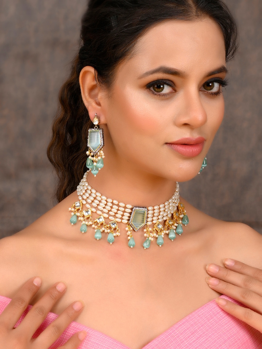 

DASTOOR Gold-Plated Artificial Stones & Beads Studded Brass Jewellery Set, Turquoise blue