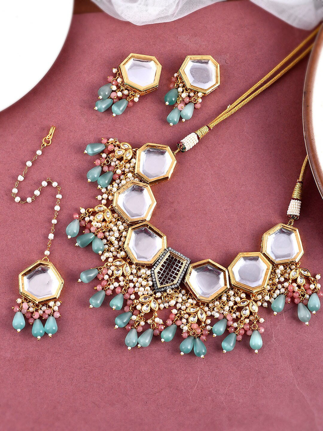 

DASTOOR Gold-Plated Kundan Studded & Beaded Jewellery Set, Turquoise blue