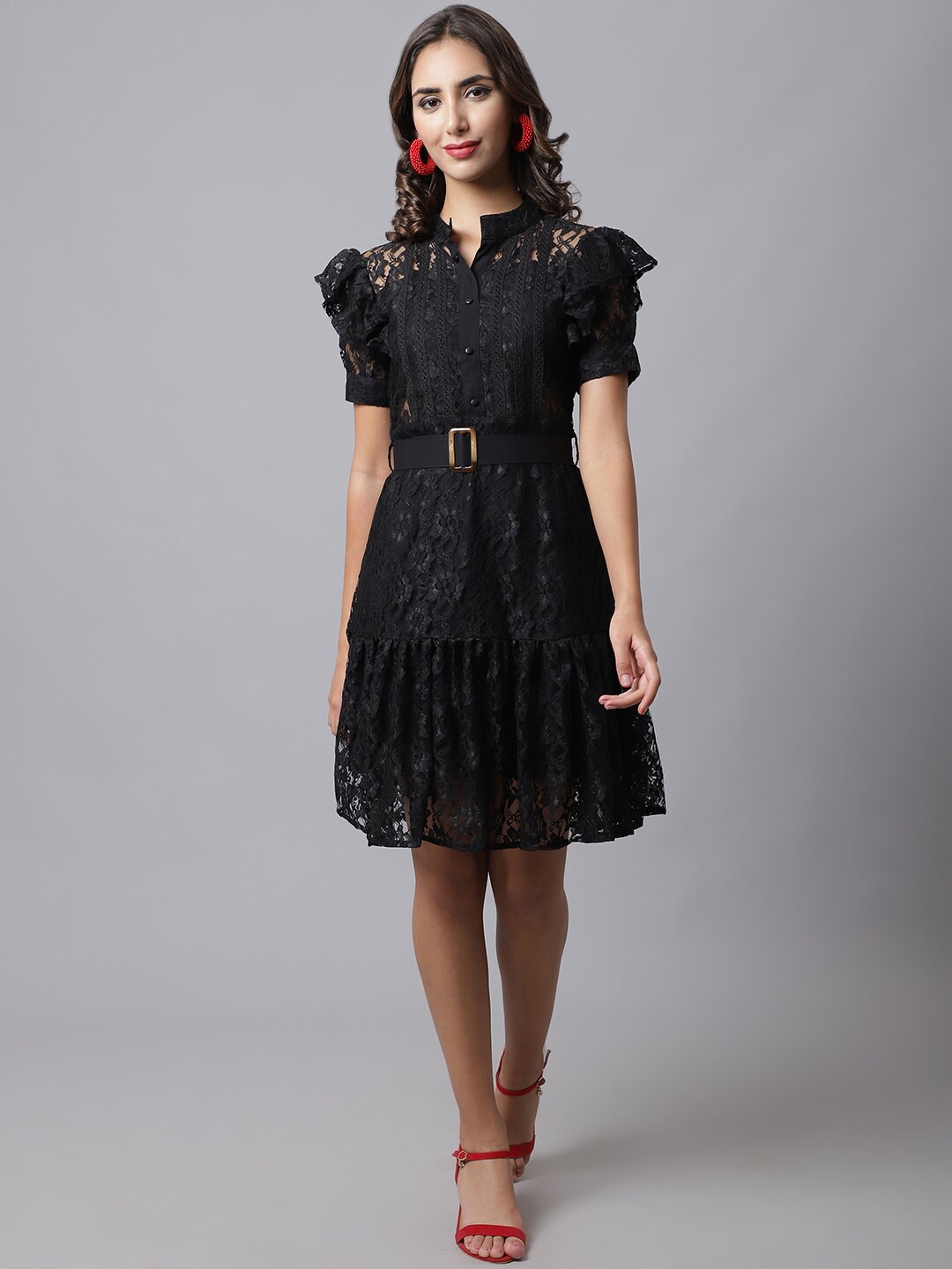 

MARC LOUIS Laced Fit and Flare Dress, Black