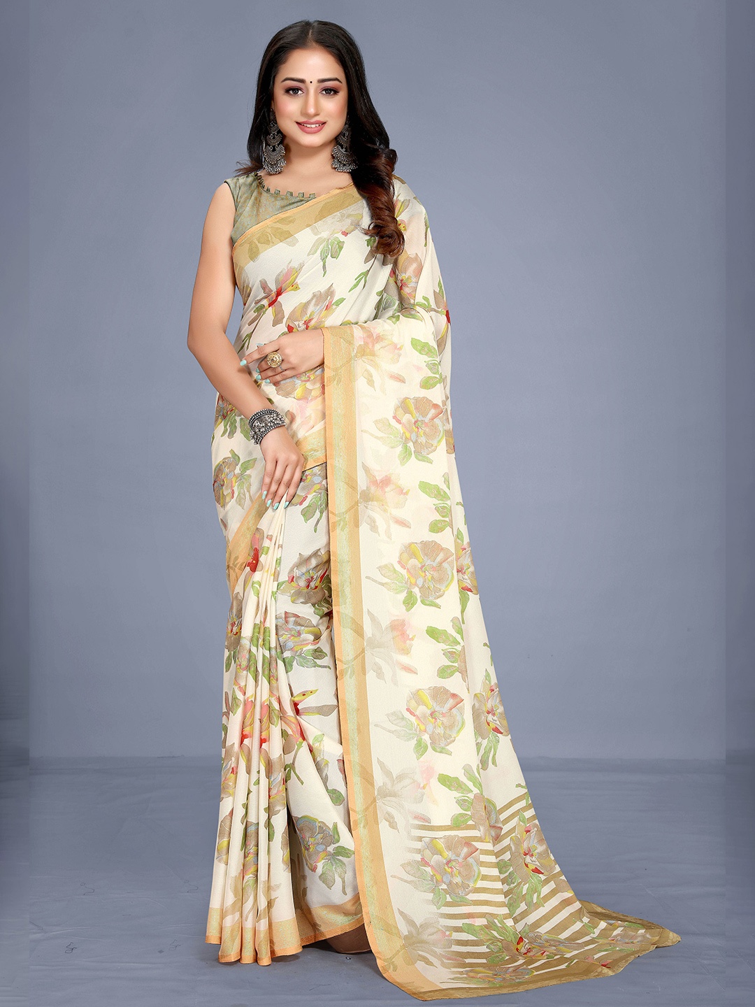 

VENISA Cream-Coloured & Beige Floral Zari Bagh Saree