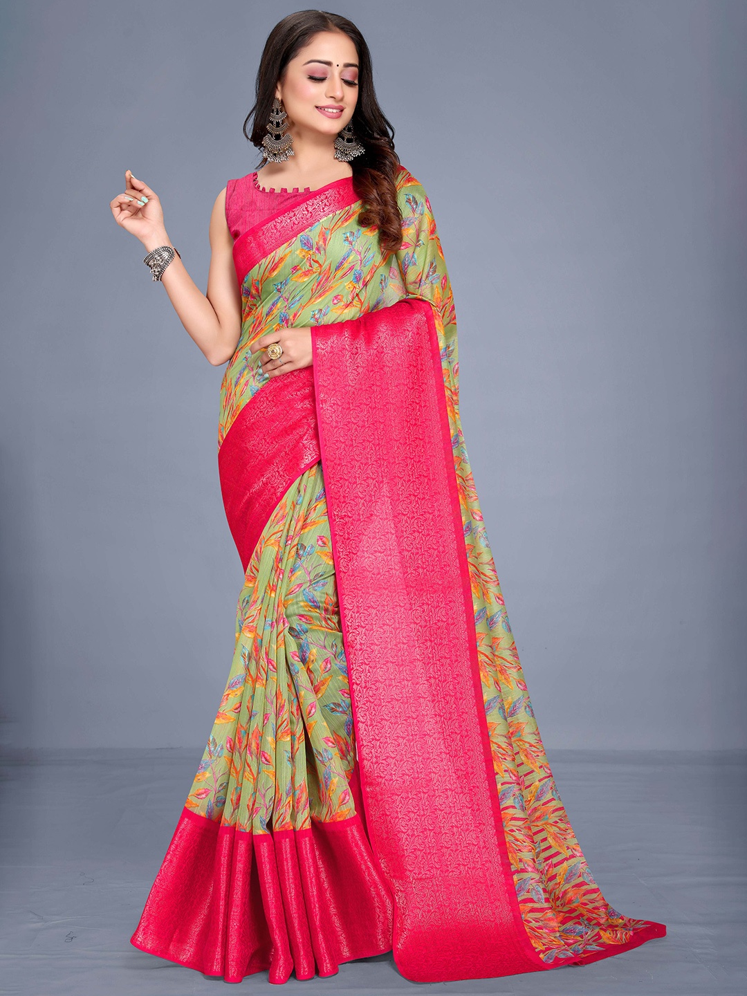 

VENISA Green & Pink Floral Zari Bagh Saree