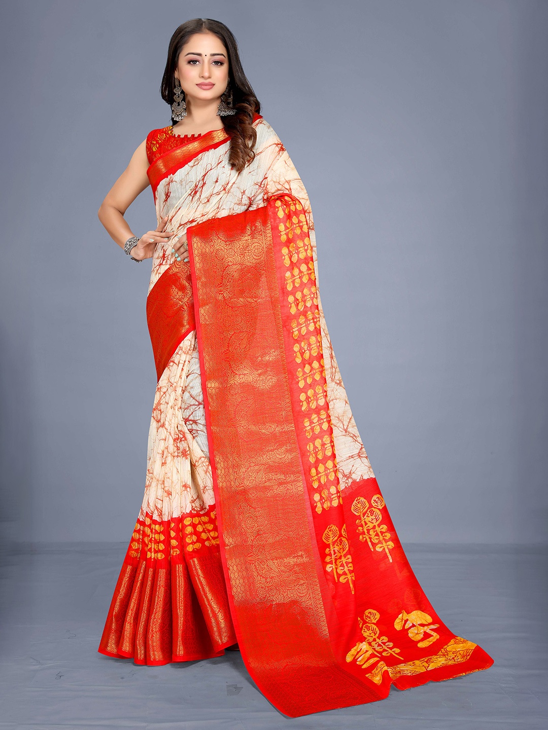 

VENISA Cream-Coloured & Red Floral Zari Saree