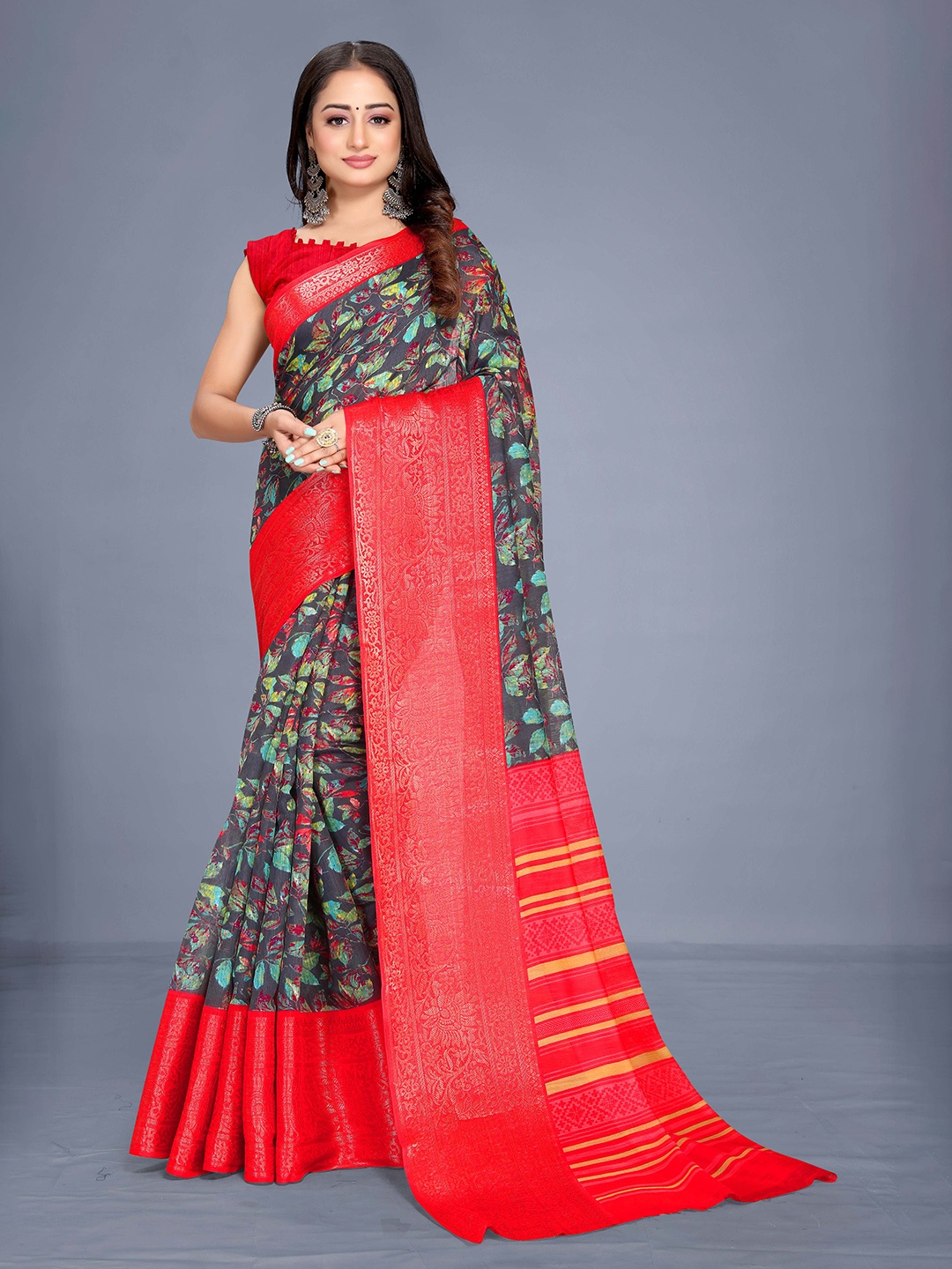 

VENISA Grey & Red Woven Design Zari Bagh Saree