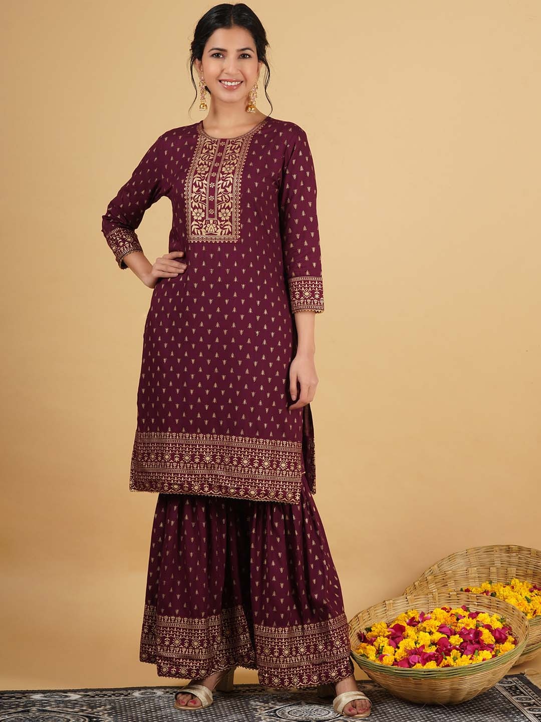 

God Bless Women Maroon Ethnic Motifs Printed Kurta with Sharara