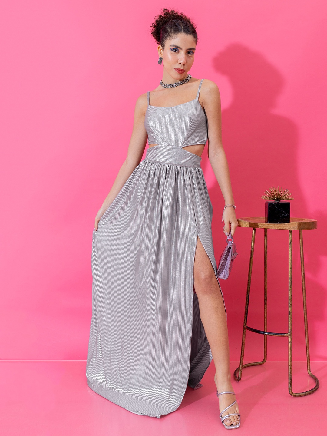 

Stylecast X Hersheinbox Striped Cut Out Side Slit Party Maxi Dress, Silver