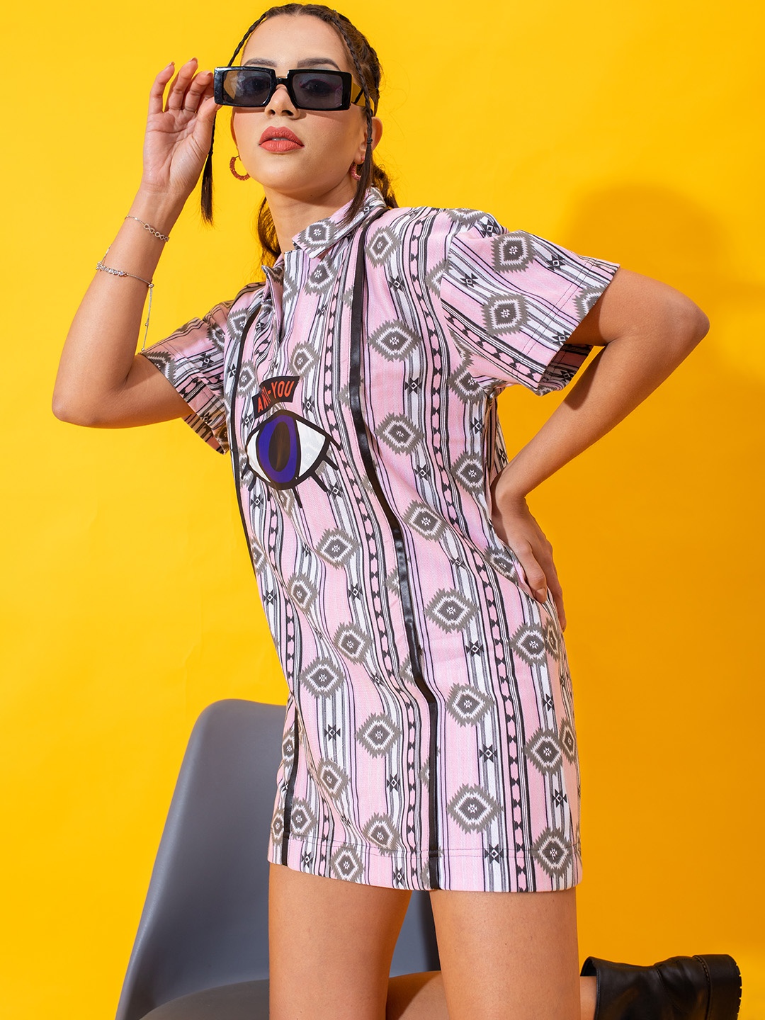 

Stylecast X Hersheinbox Shirt Collar Geometric Striped Cotton T-shirt Mini Dress, Pink