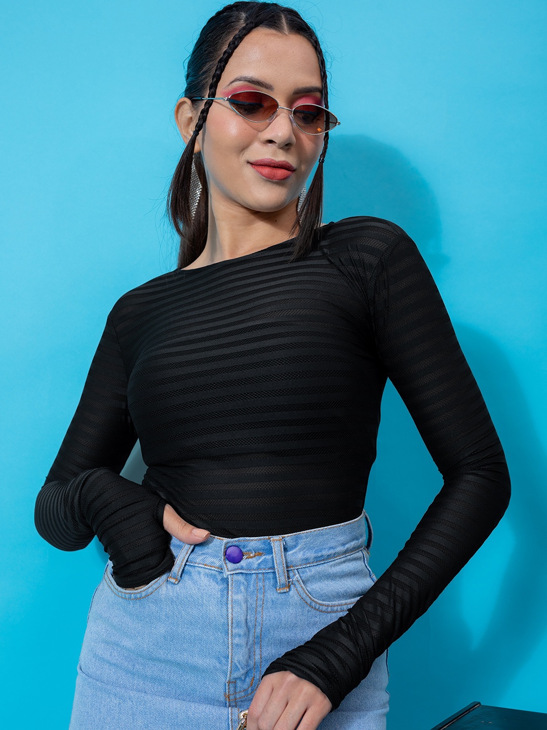 

Stylecast X Hersheinbox Self-Striped Long Sleeves Semi-Sheer Bodysuit, Black