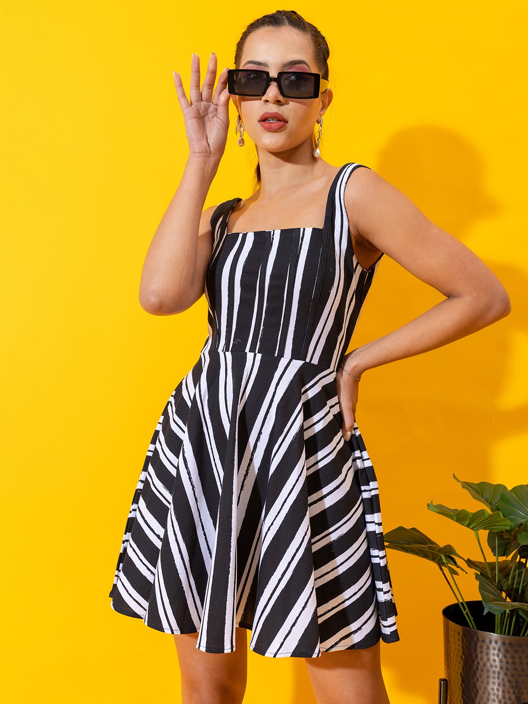 

Stylecast X Hersheinbox Striped Fit &Flared Pure Cotton Dress, Black