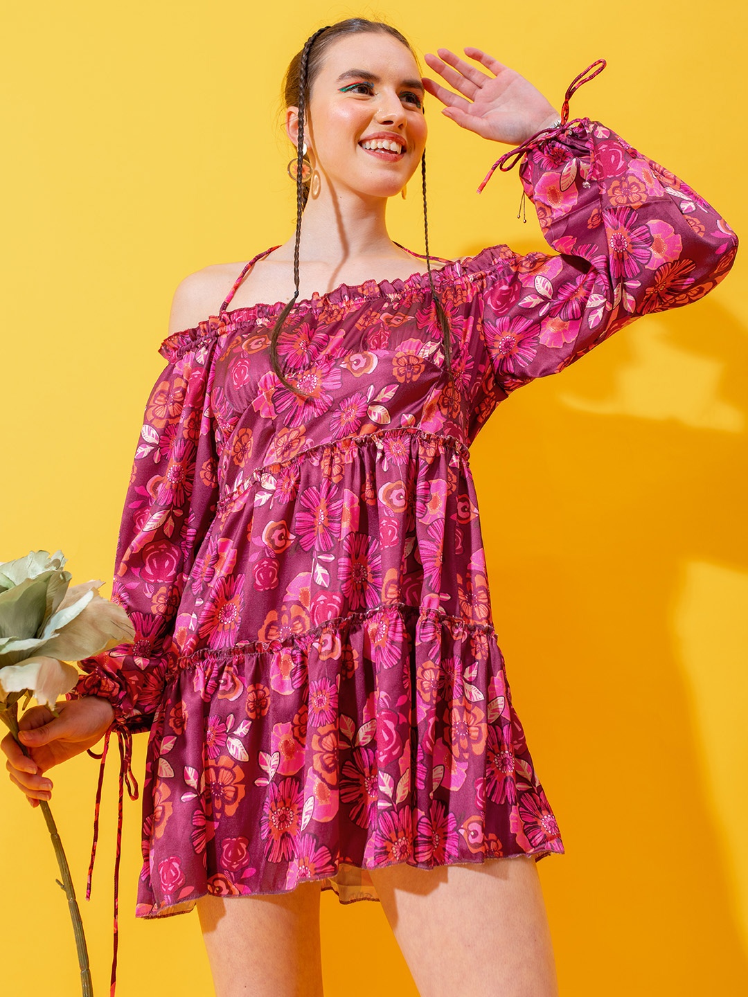 

Stylecast X Hersheinbox Floral Printed Off-Shoulder Satin A-Line Tiered Dress, Burgundy