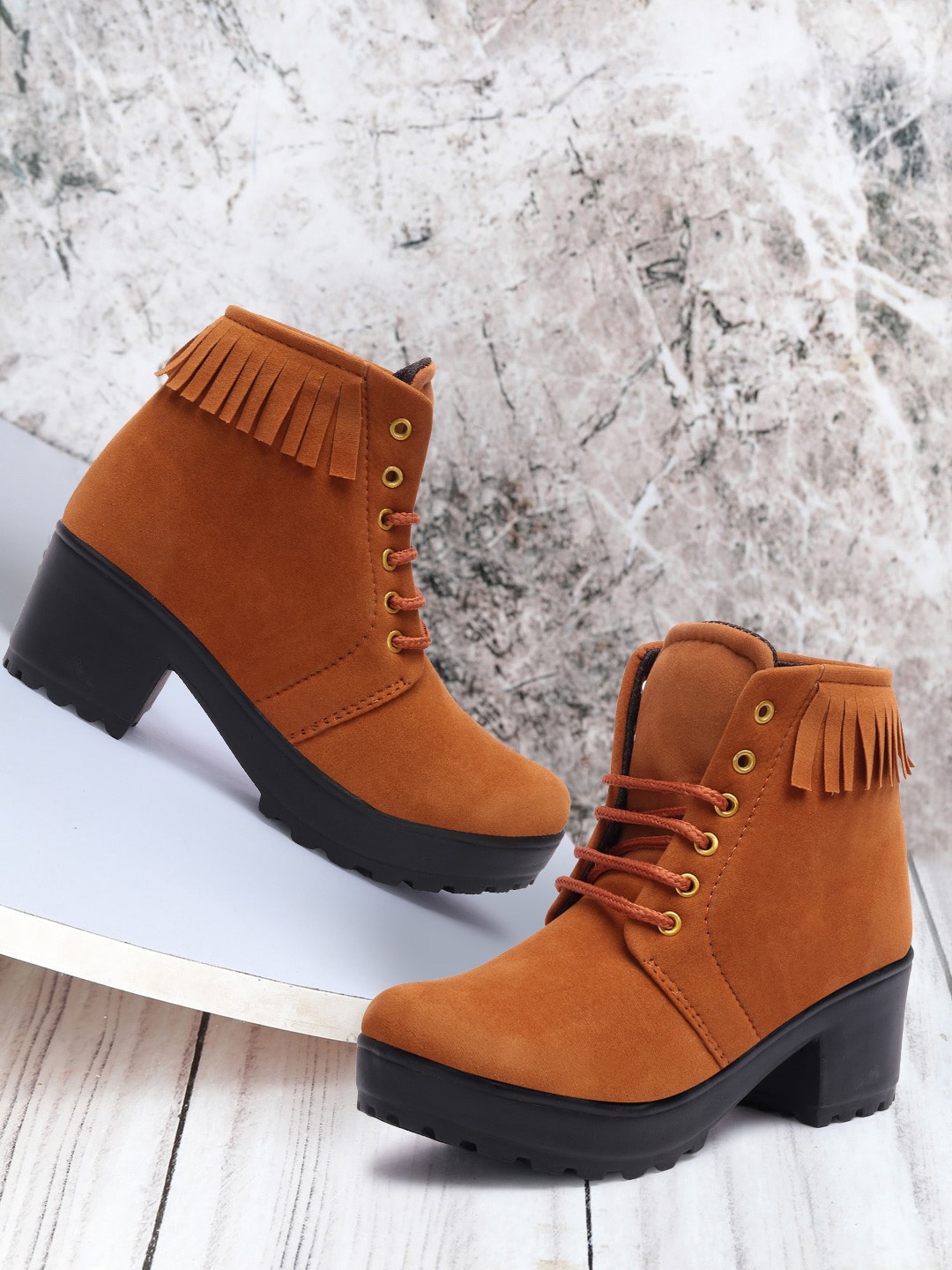 

Elibolz Women Suede Block Heel Boots, Tan