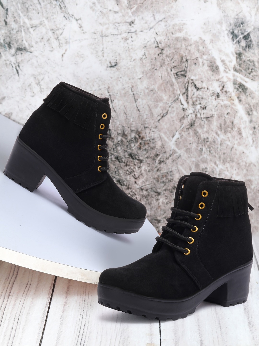 

Elibolz Women Suede Block Heels Boots, Black