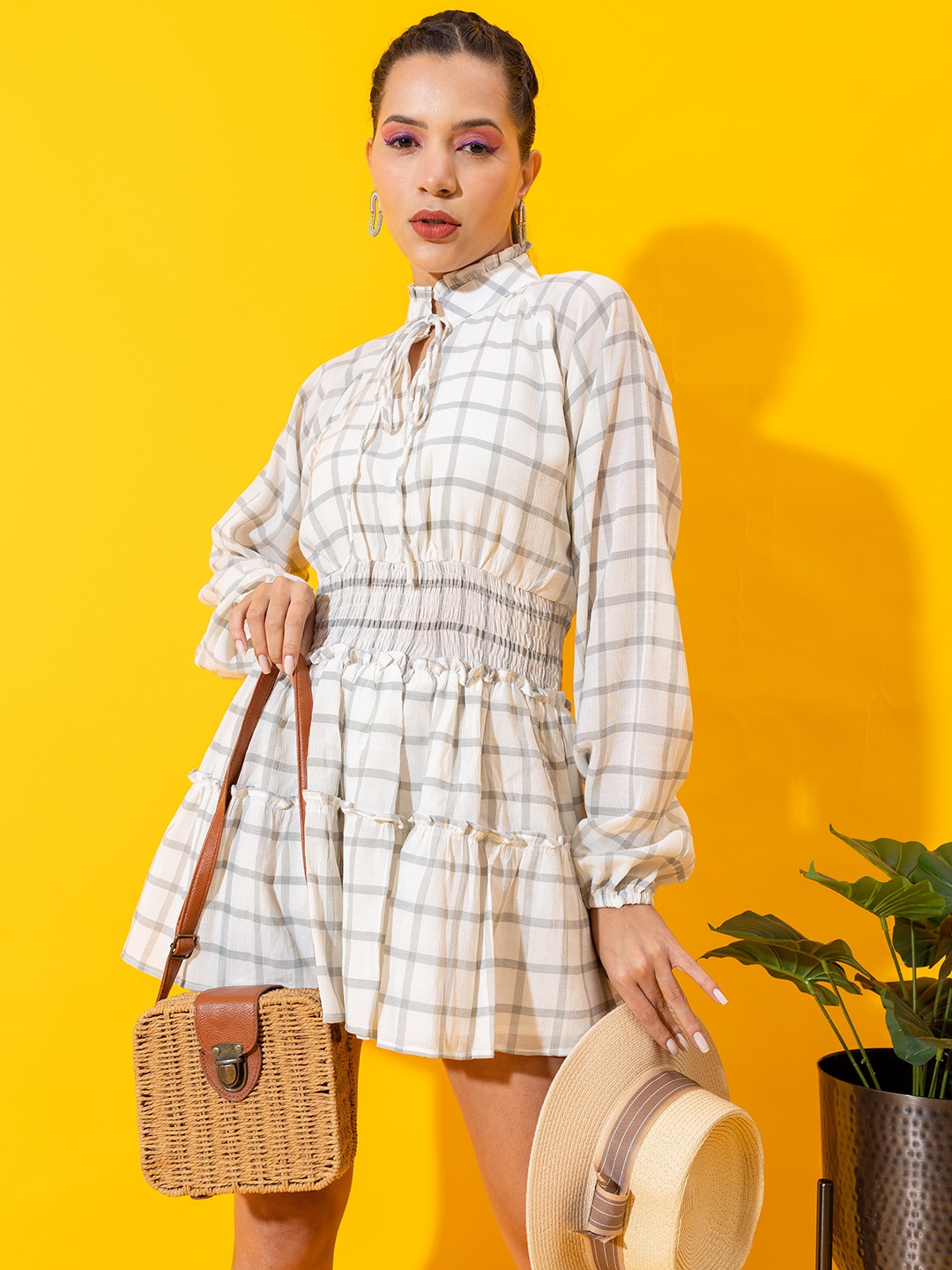 

Stylecast X Hersheinbox Checked Tie-Up Neck Smocked Linen Fit & Flare Tiered Mini Dress, Off white