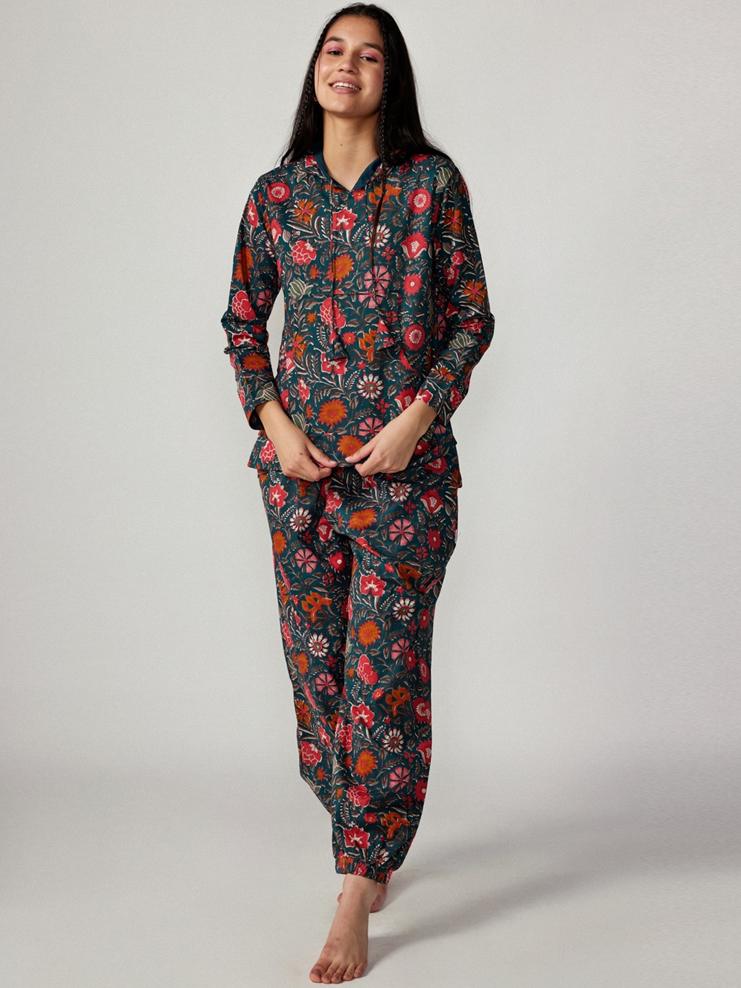 

JISORA Women Printed Pure Organic Cotton Hooded Co-Ords, Olive