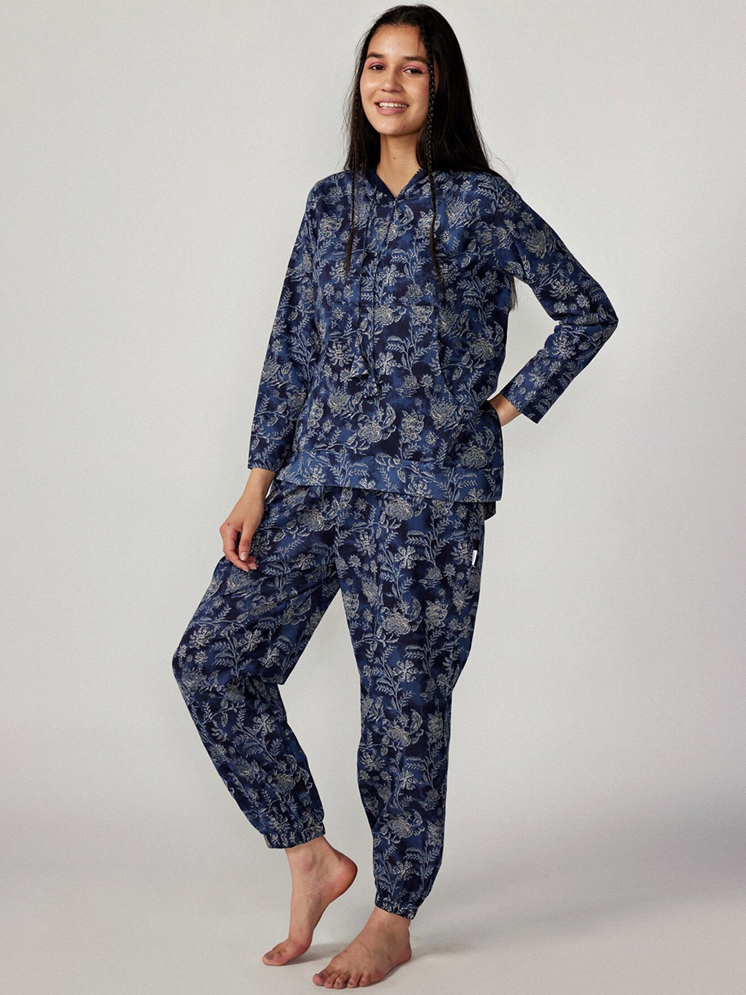 

JISORA Women Printed Pure Organic Cotton Co-Ords, Navy blue