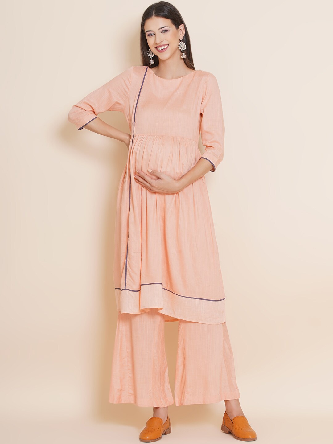 

Mine4Nine Women Round Neck Maternity Kurta with Palazzos, Peach