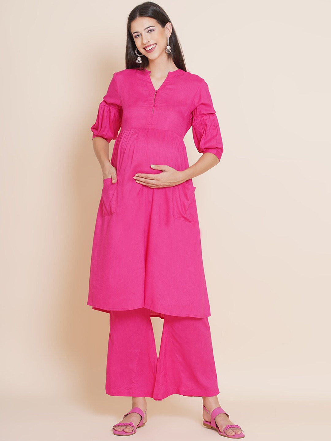 

Mine4Nine Women V Neck Maternity Kurta with Palazzos, Pink