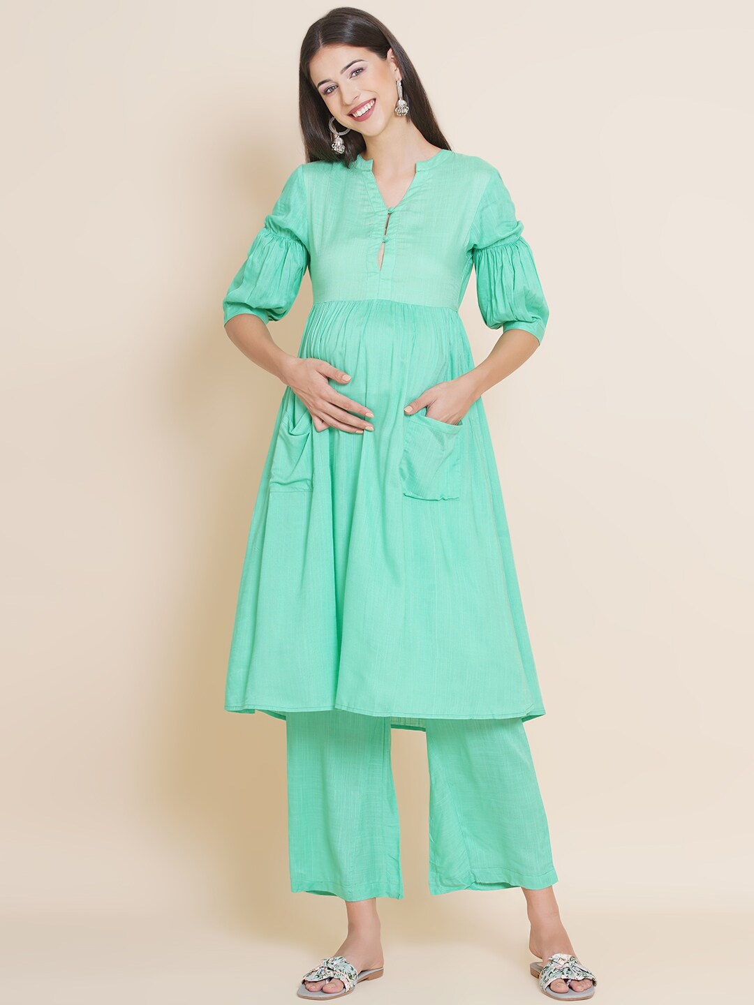 

Mine4Nine Women Puffed Sleeve Maternity Kurta with Palazzos, Green