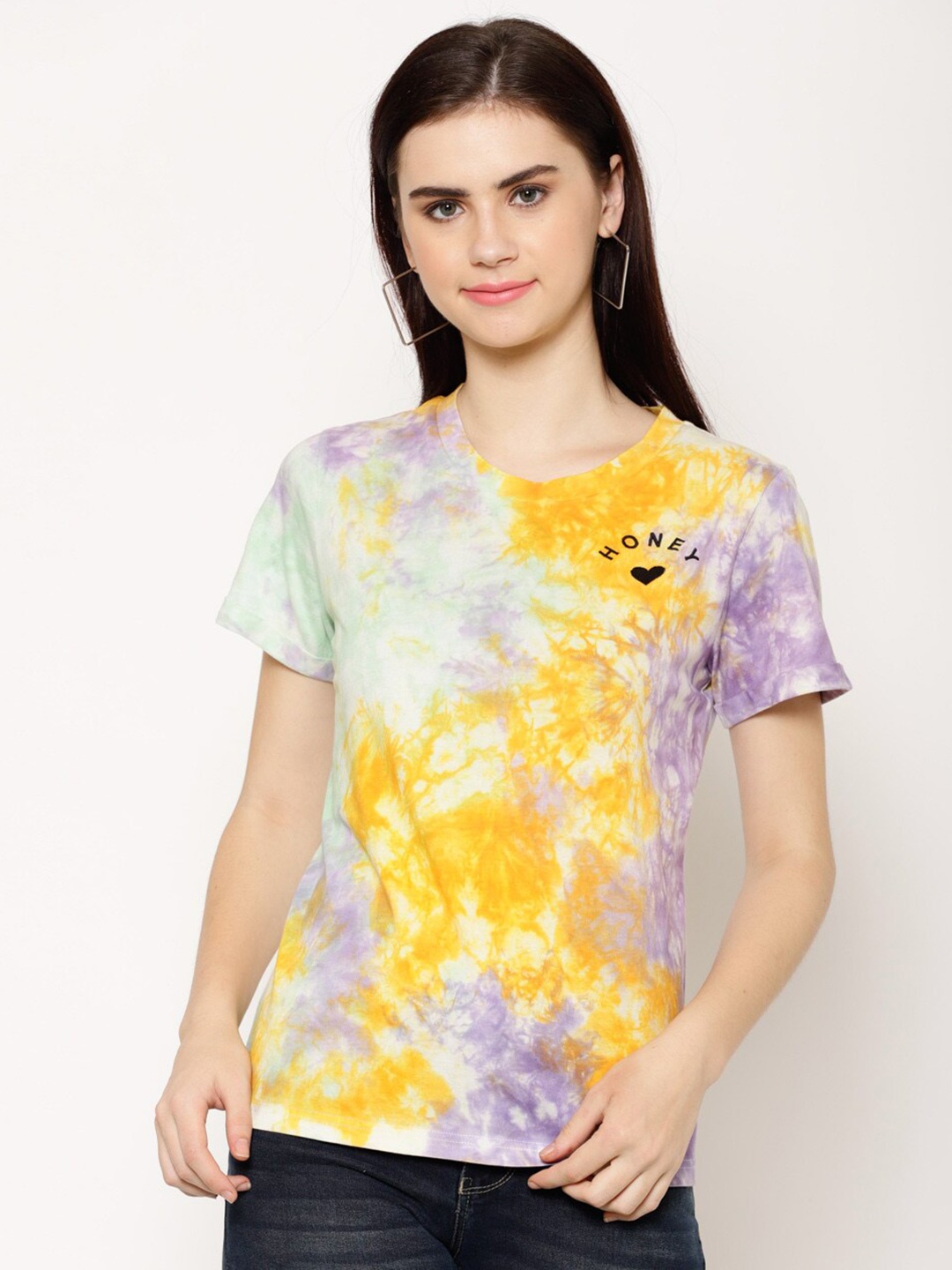 

HOUSE OF KKARMA Women Tie and Dye Dyed Cotton T-shirt, Mustard