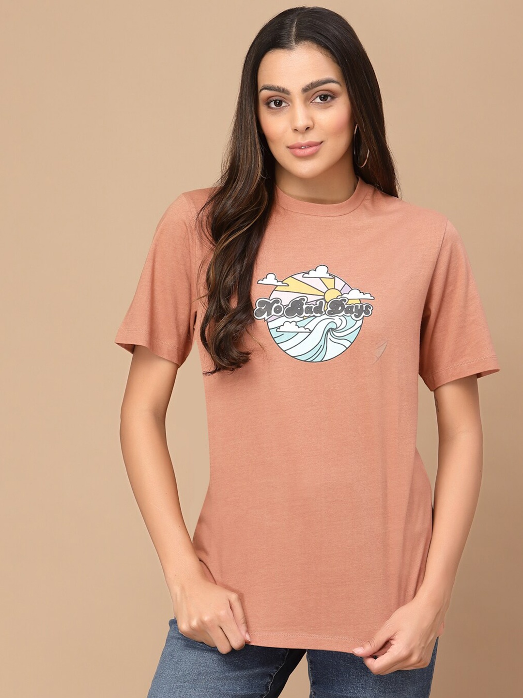 

HOUSE OF KKARMA Women Typography Printed Oversized Cotton T-shirt, Brown