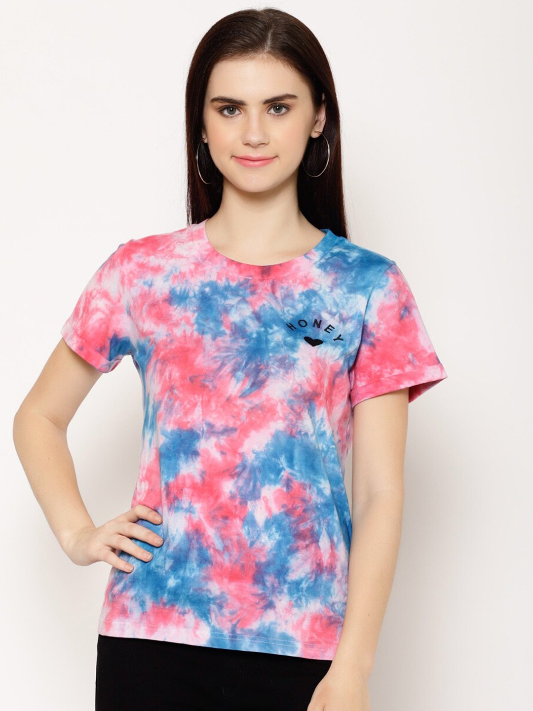 

HOUSE OF KKARMA Women Tie and Dye Dyed Cotton T-shirt, Pink