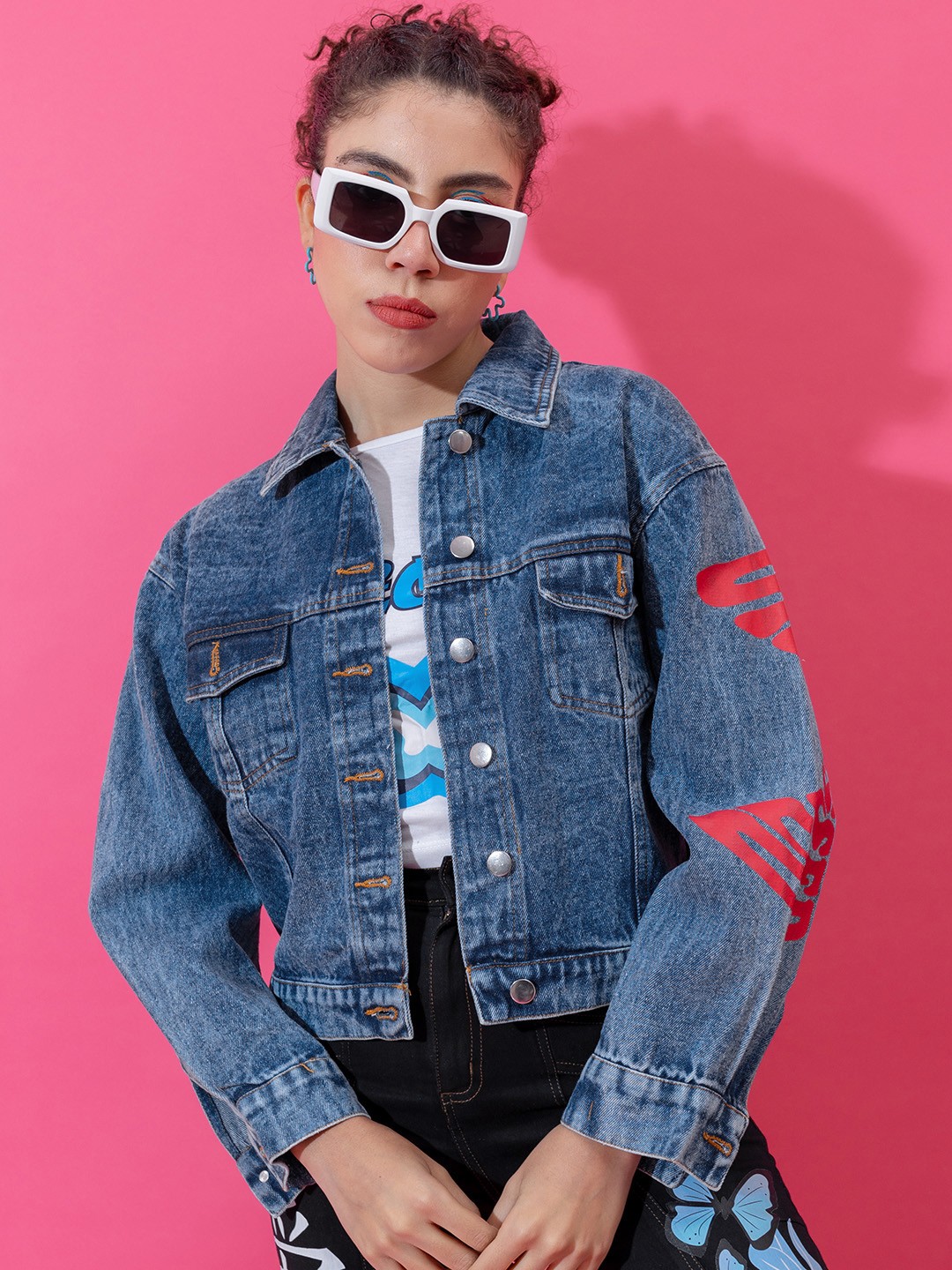 

Stylecast X Hersheinbox Women Graphic Printed Denim Jacket, Blue