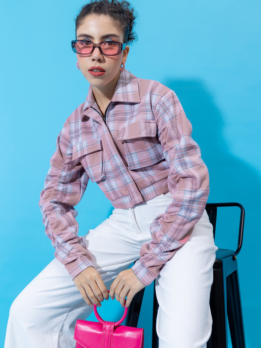 

Stylecast X Hersheinbox Checked Crop Tailored Jacket, Pink