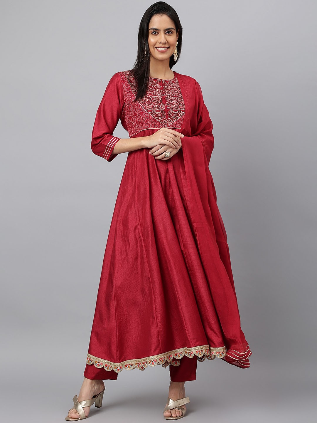 

MEESAN Women Embroidered Thread Work Kurta with Trousers & Dupatta, Red