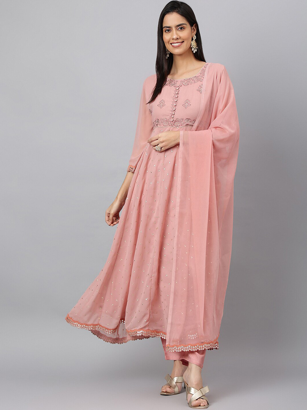 

MEESAN Women Ethnic Embroidered Thread Work Kurta with Trousers & Dupatta, Pink