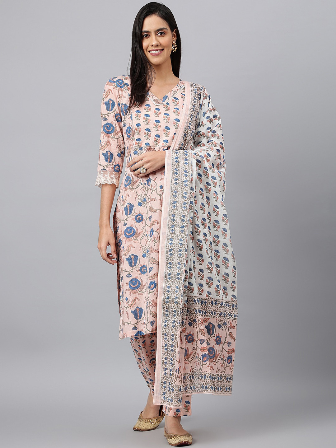 

MEESAN Women Floral Printed Sequinned Pure Cotton Kurta with Trousers & Dupatta, Pink