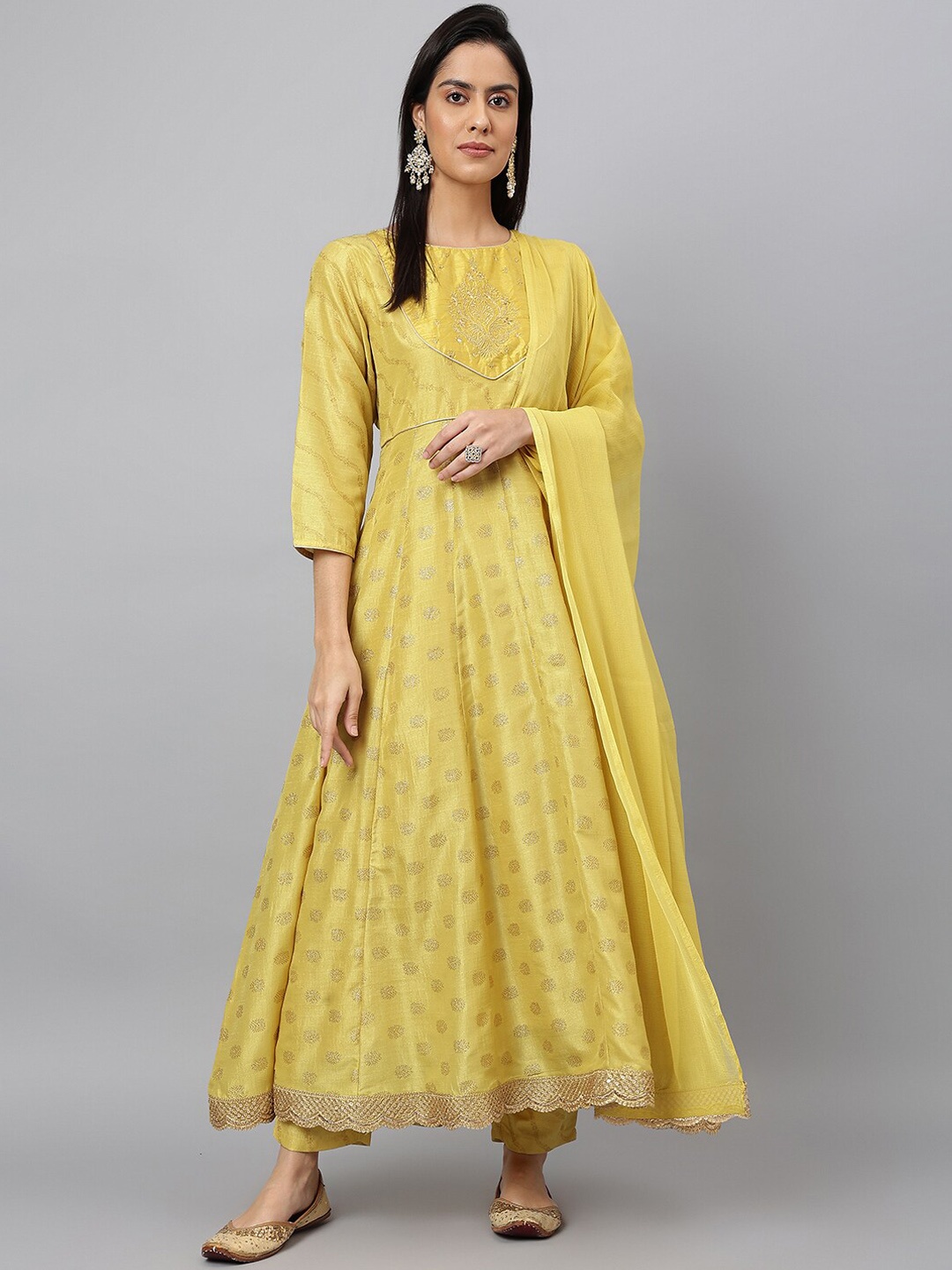 

MEESAN Women Embroidered Thread Work Kurta with Trousers & Dupatta, Yellow