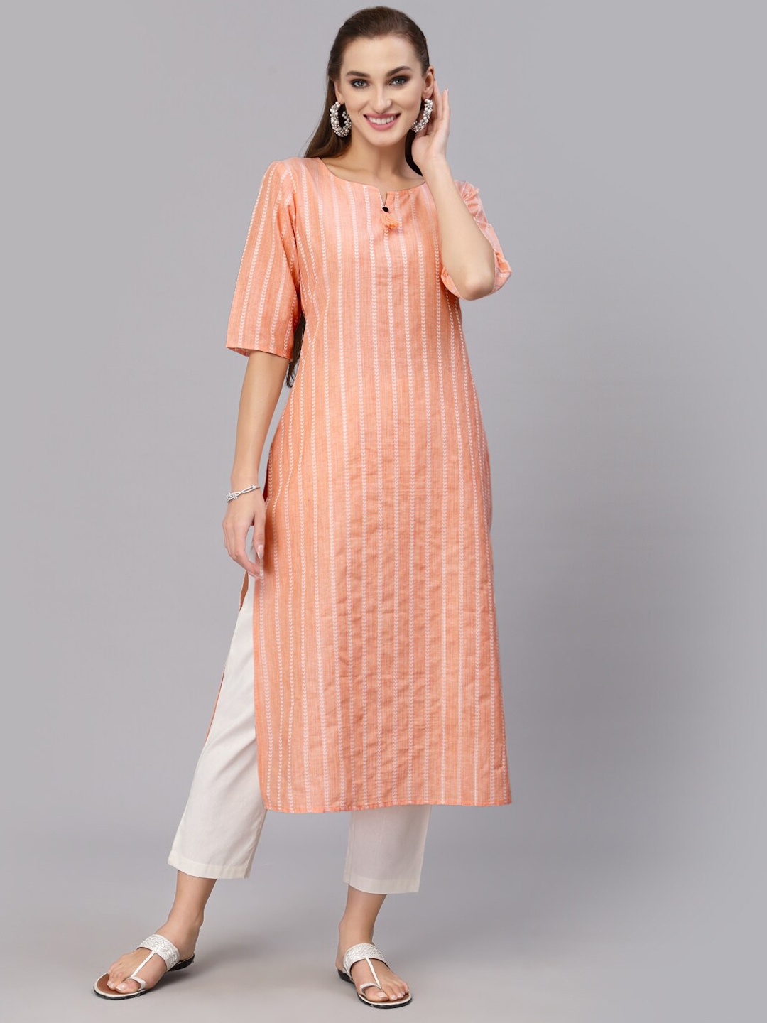 

Stylum Striped Thread Work Dobby Kurta, Orange