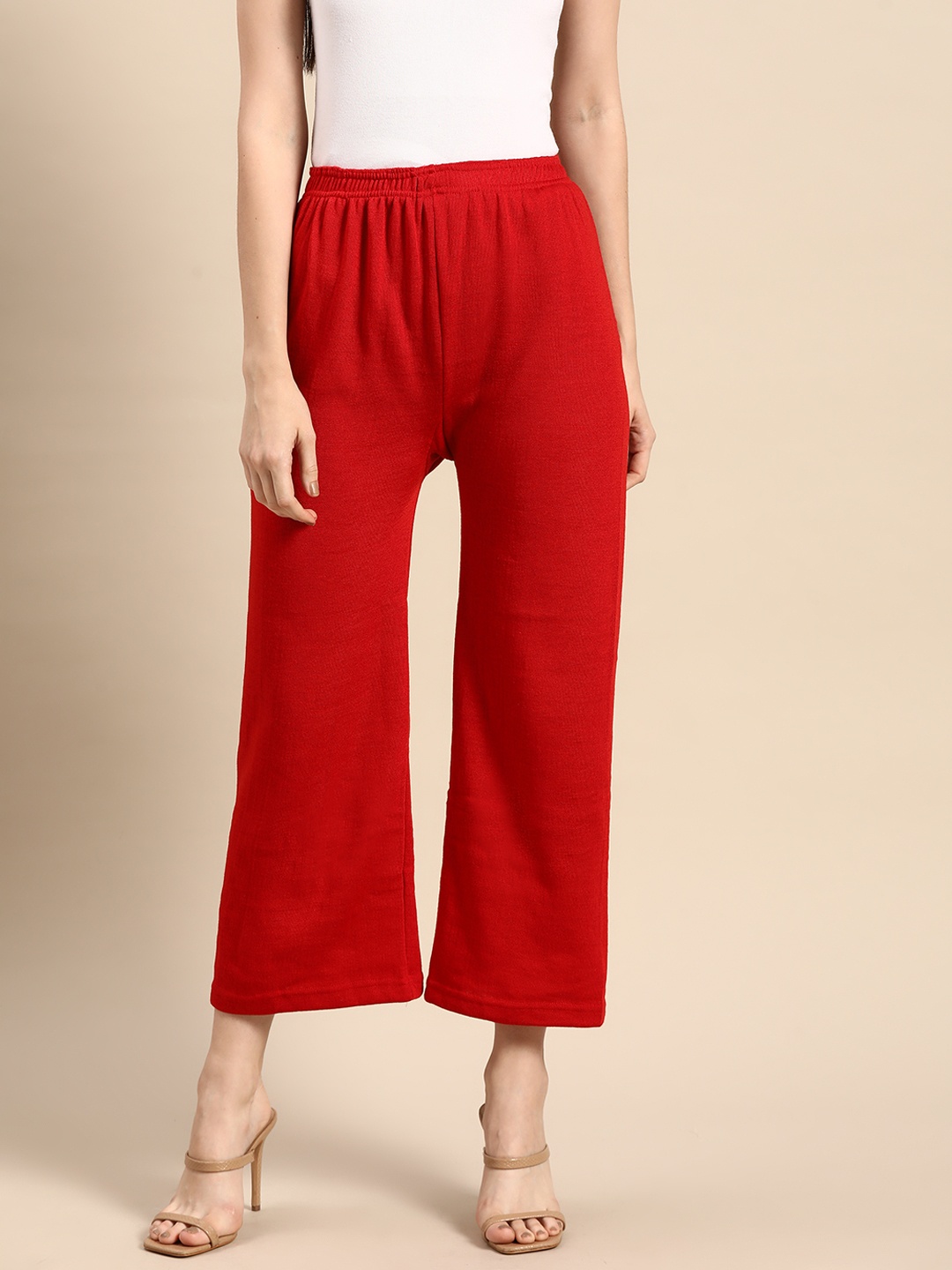 

Saadgi Women Woollen Flared Knitted Palazzos, Red