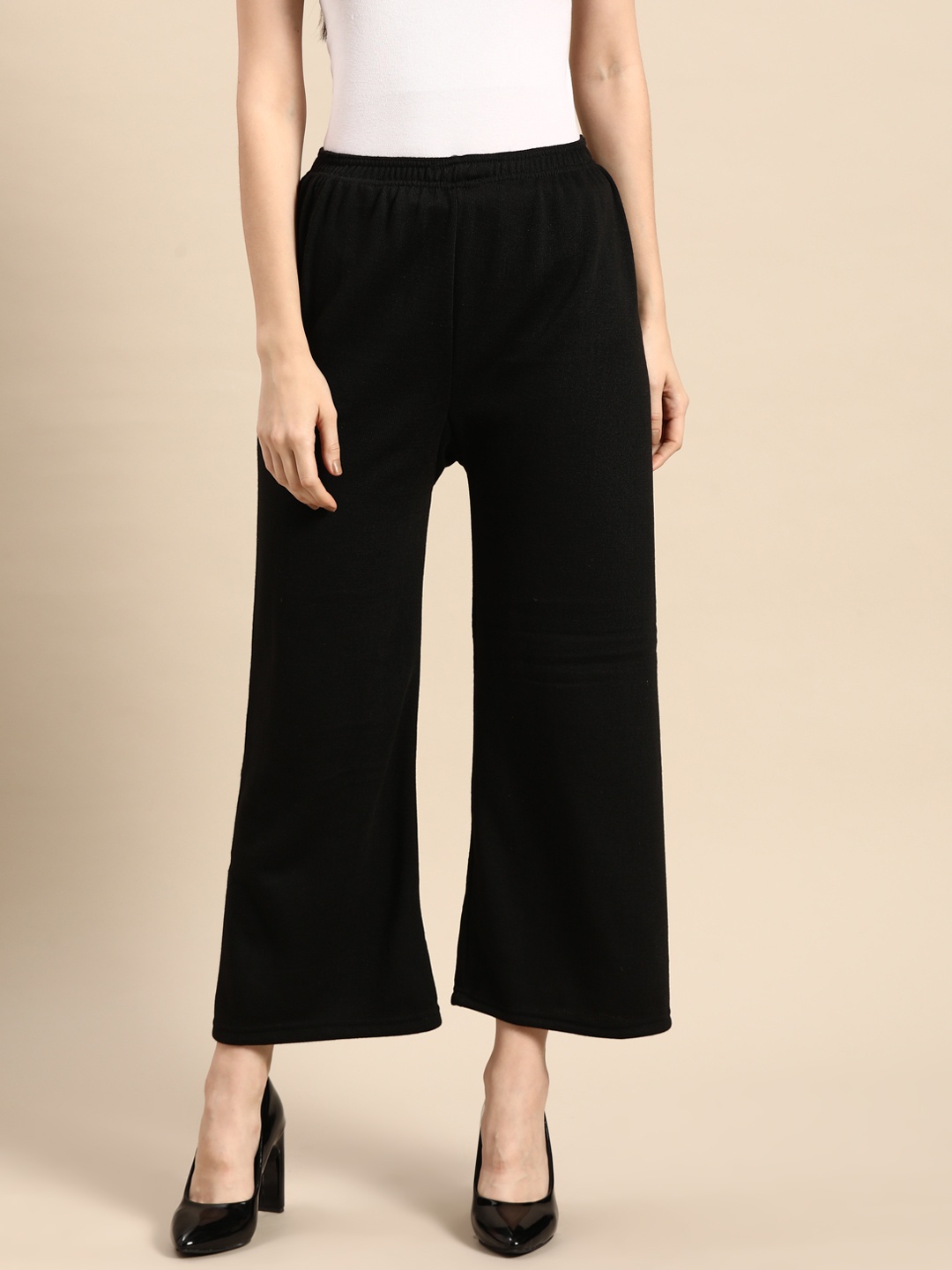 

Saadgi Women Woollen Flared Knitted Palazzos, Black