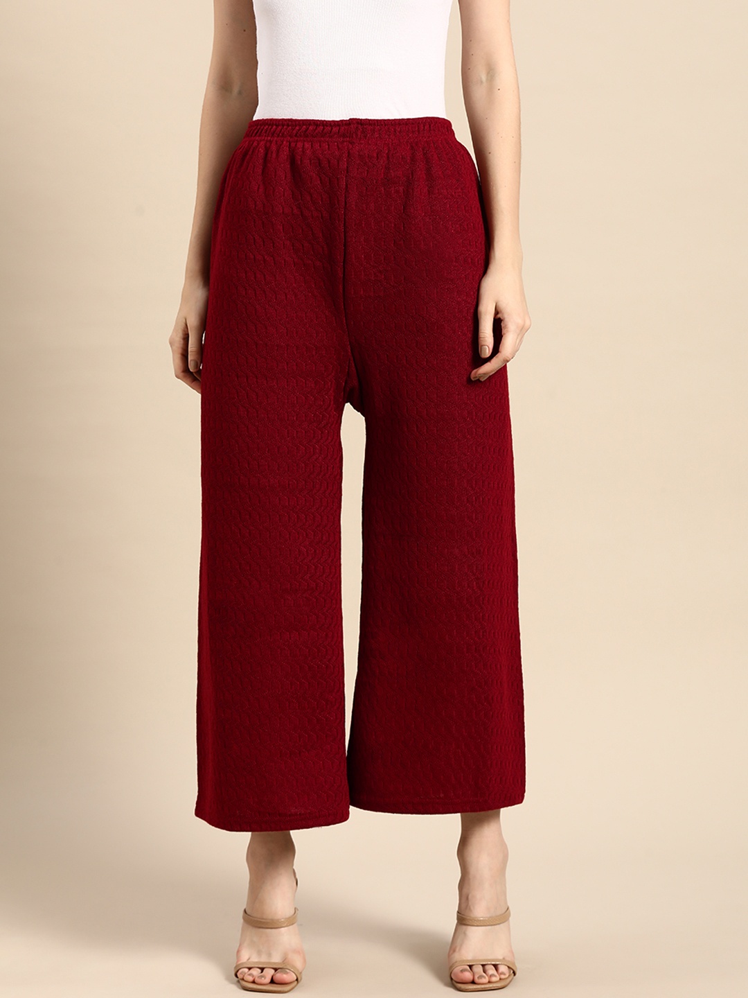 

Saadgi Women Maroon Woollen Winter Self Design Flared Cropped Palazzos