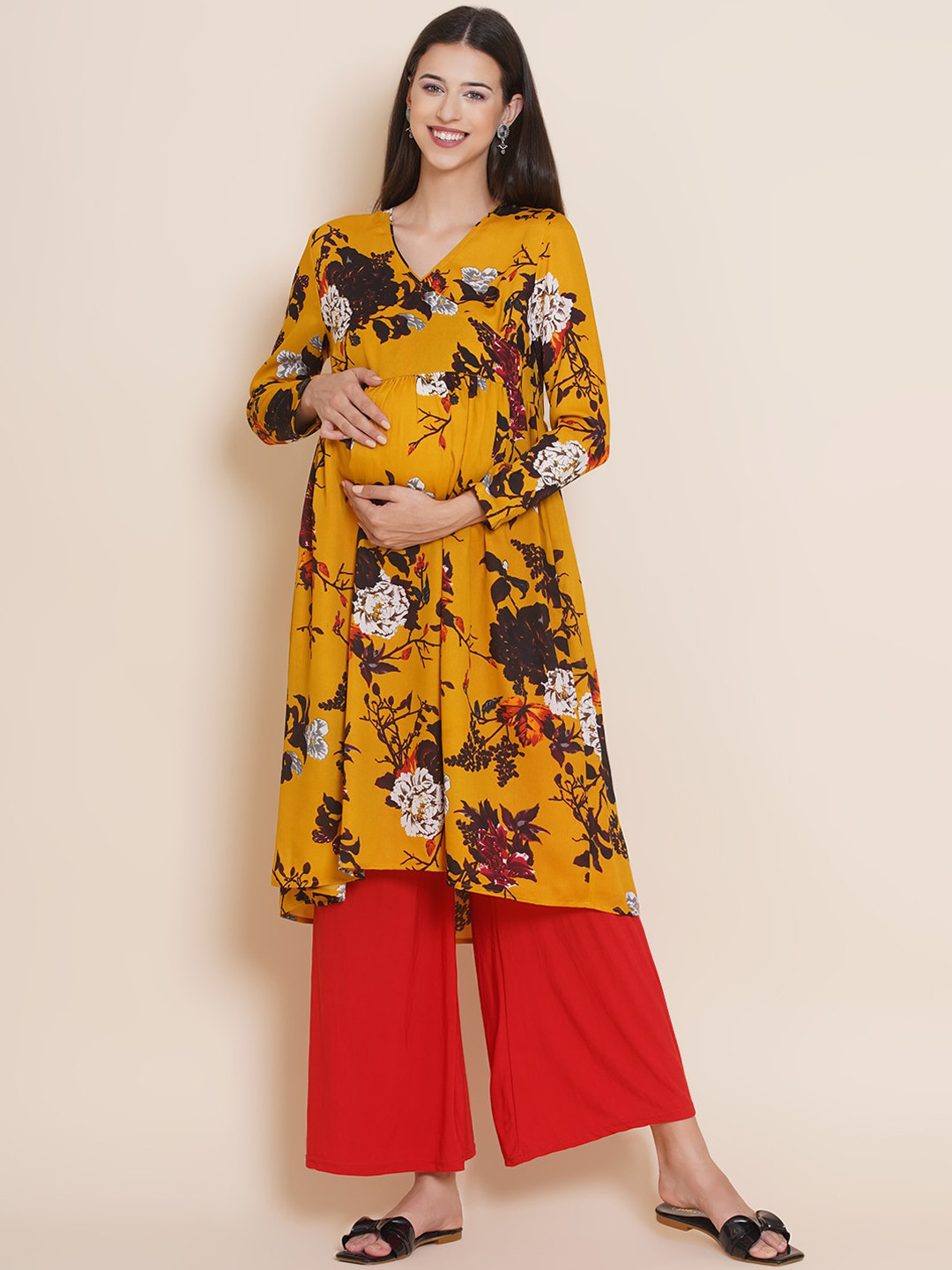 

Mine4Nine Women Floral Printed Thread Work Maternity Kurta, Yellow